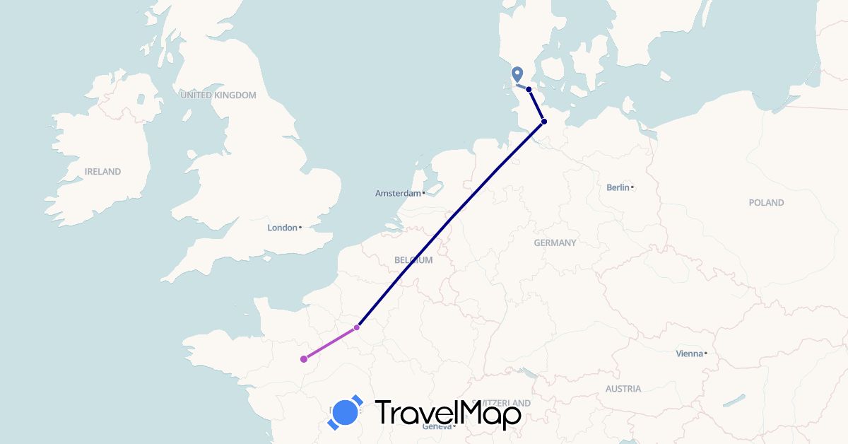 TravelMap itinerary: driving, cycling, train in Germany, Denmark, France (Europe)
